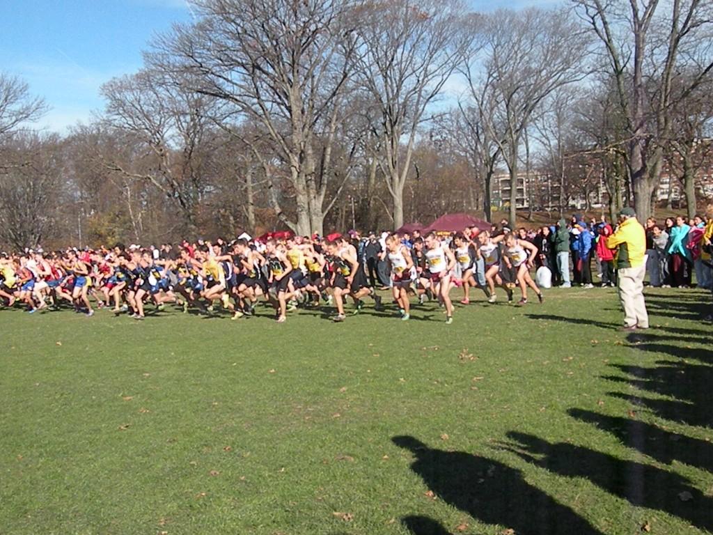 Cross country race start with a large pack of runners on the grass